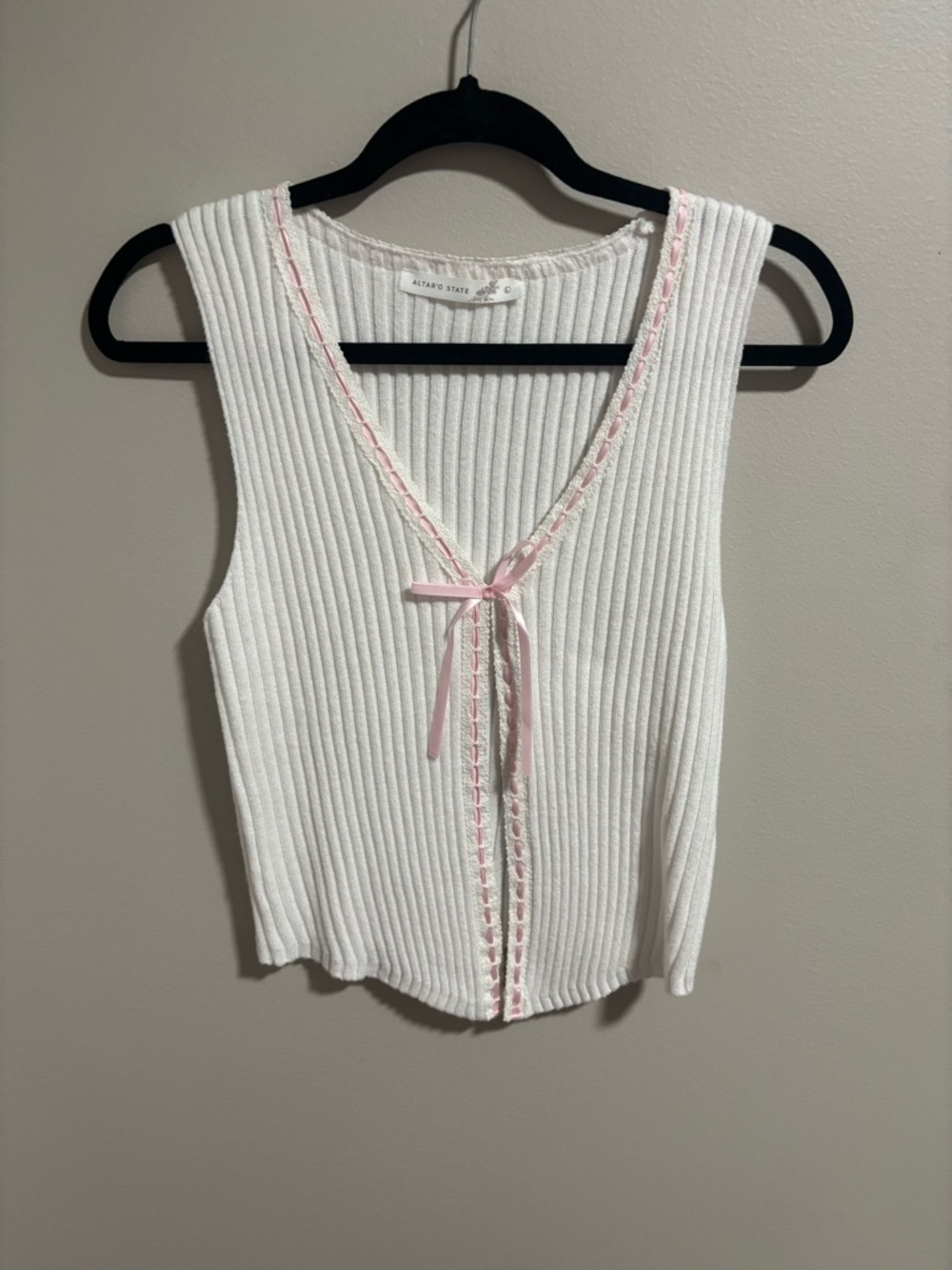 Altar'd State White Ribbed Tank with Pink Trim and Open Bow Front